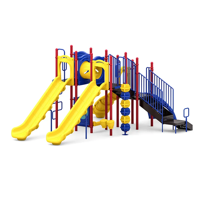 A vibrant Ridge Racer commercial playground structure with multiple slides and climbers.