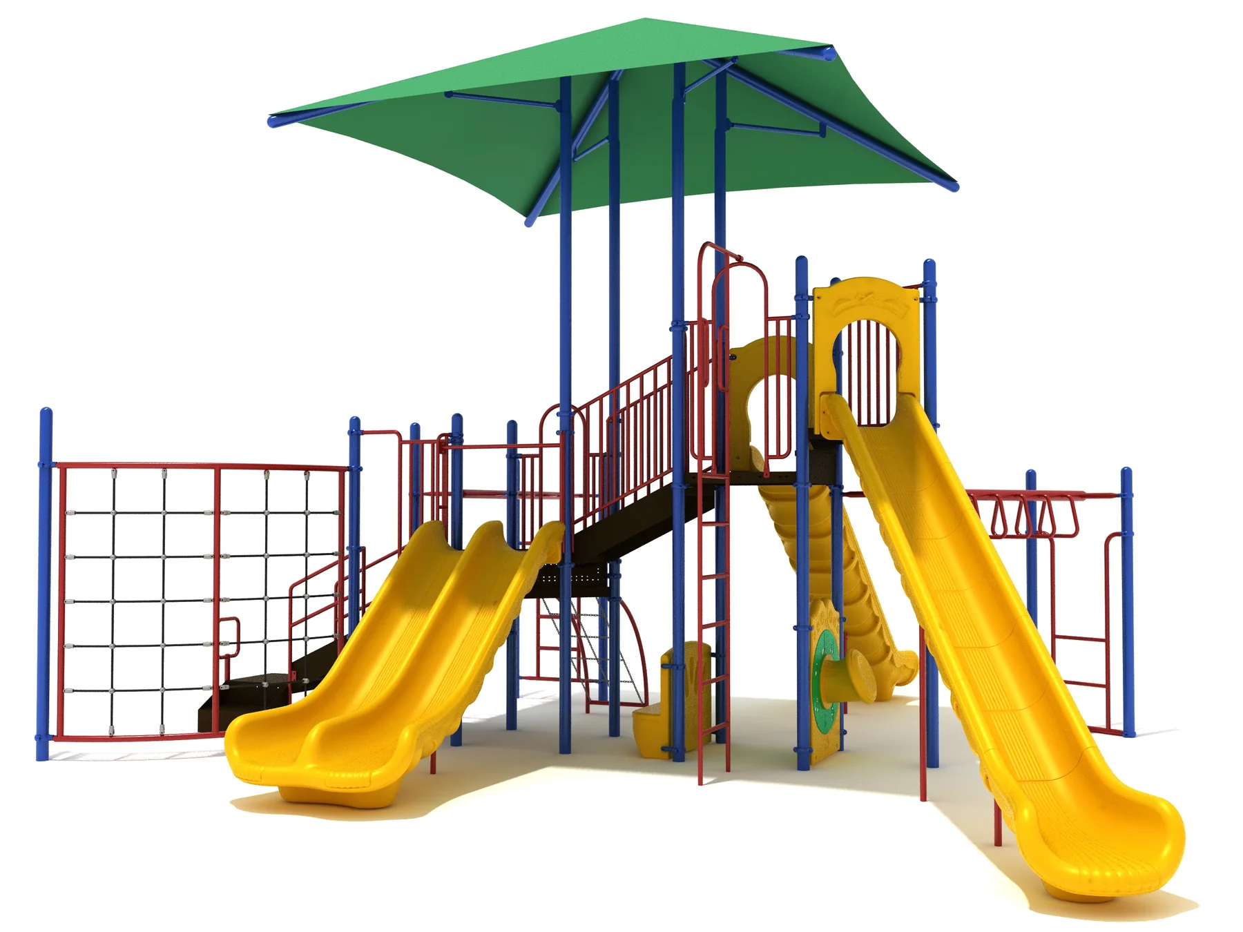 A vibrant Rovers Rest commercial playground system with multiple slides, climbers, and an integrated shade canopy, designed for active children.