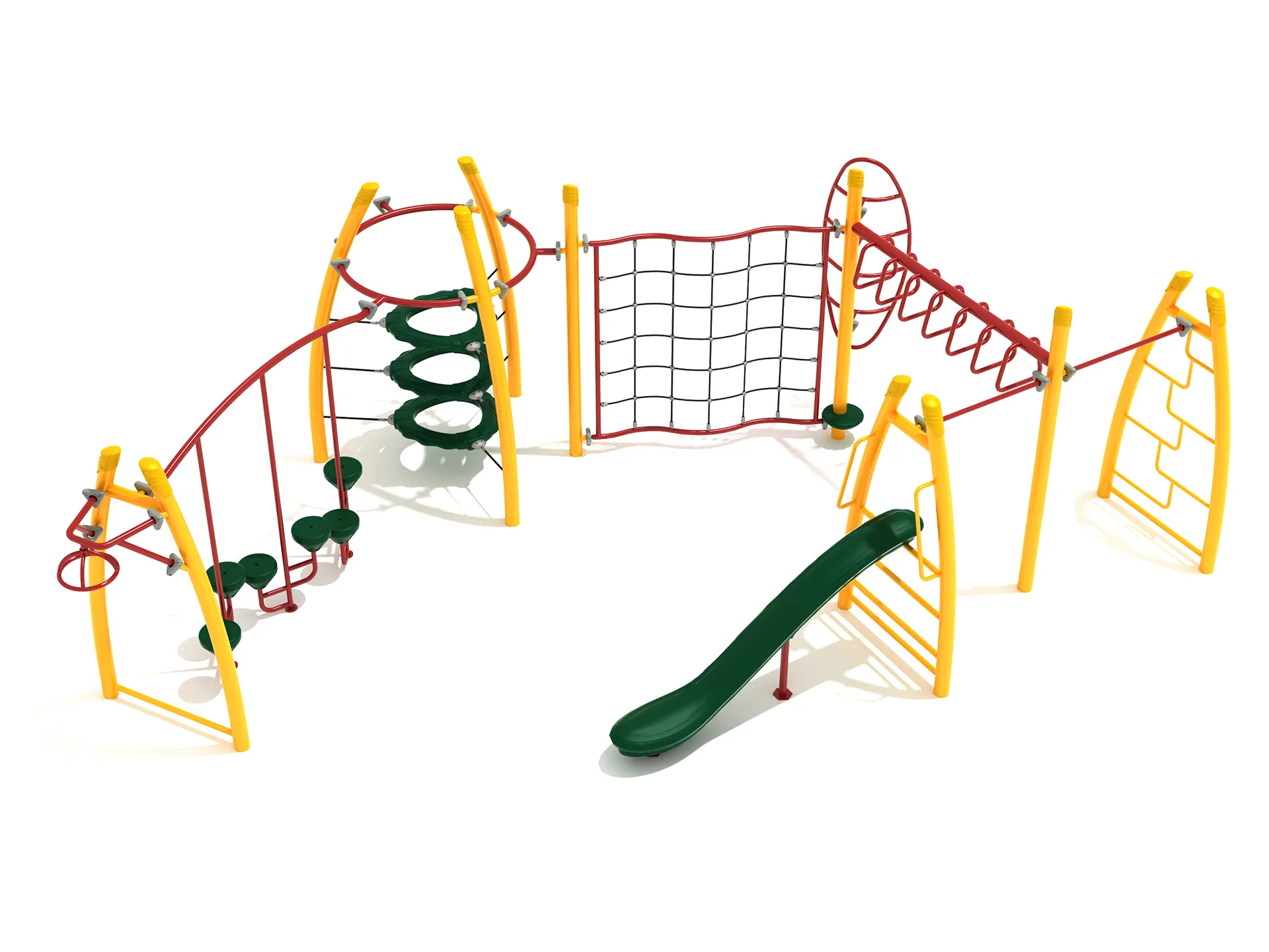 Kids playing on the San Ramon Obstacle Course playground system, featuring climbers and a slide.