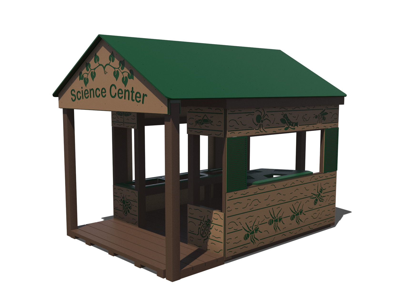 Vibrant green and brown Science Center commercial playhouse with interactive learning features for kids.