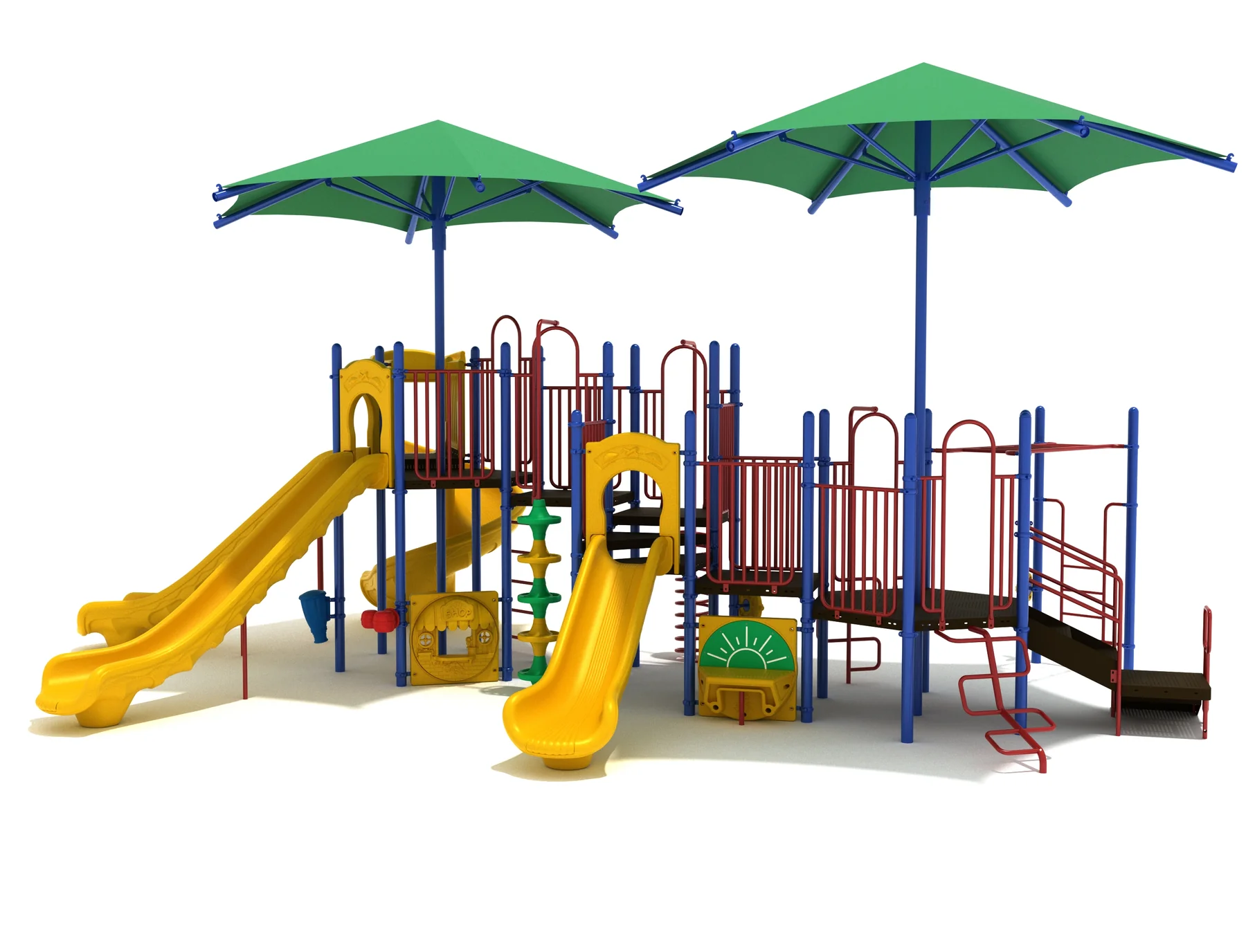 A vibrant Shady Sands commercial playground system with integrated shade canopies and multiple slides.