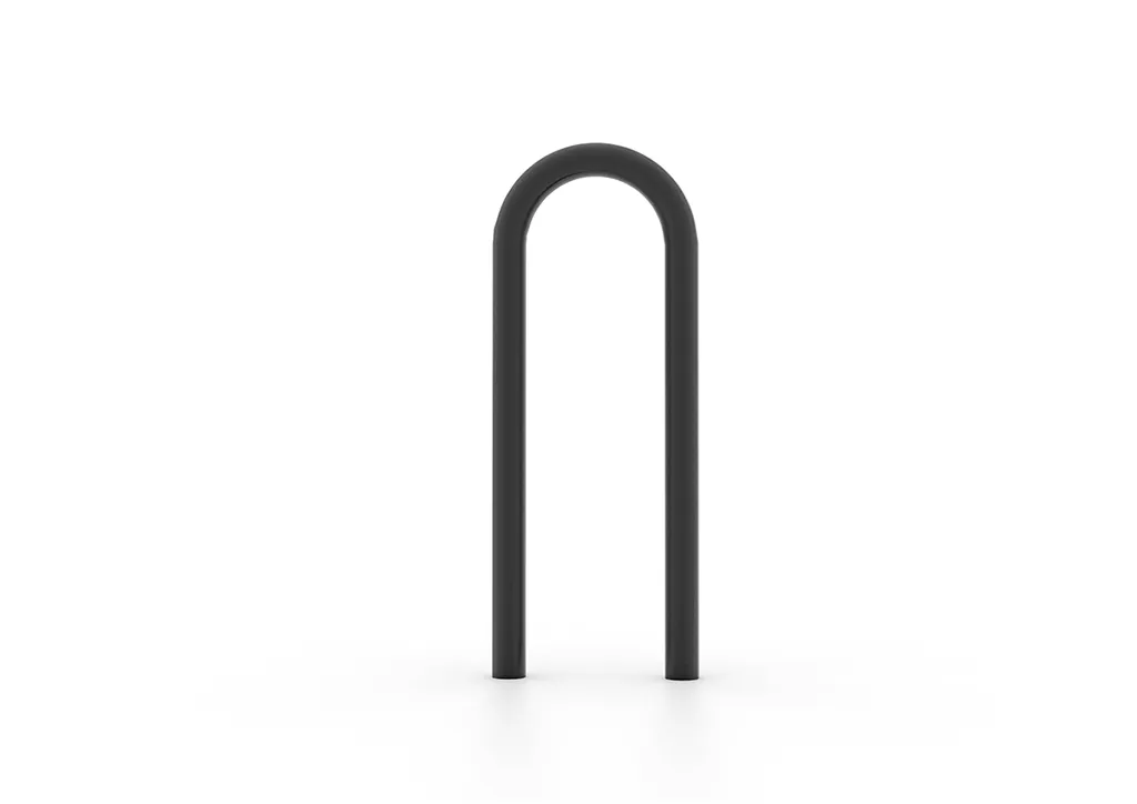 A black single commercial bike rack standing outdoors, ready for bicycle storage.