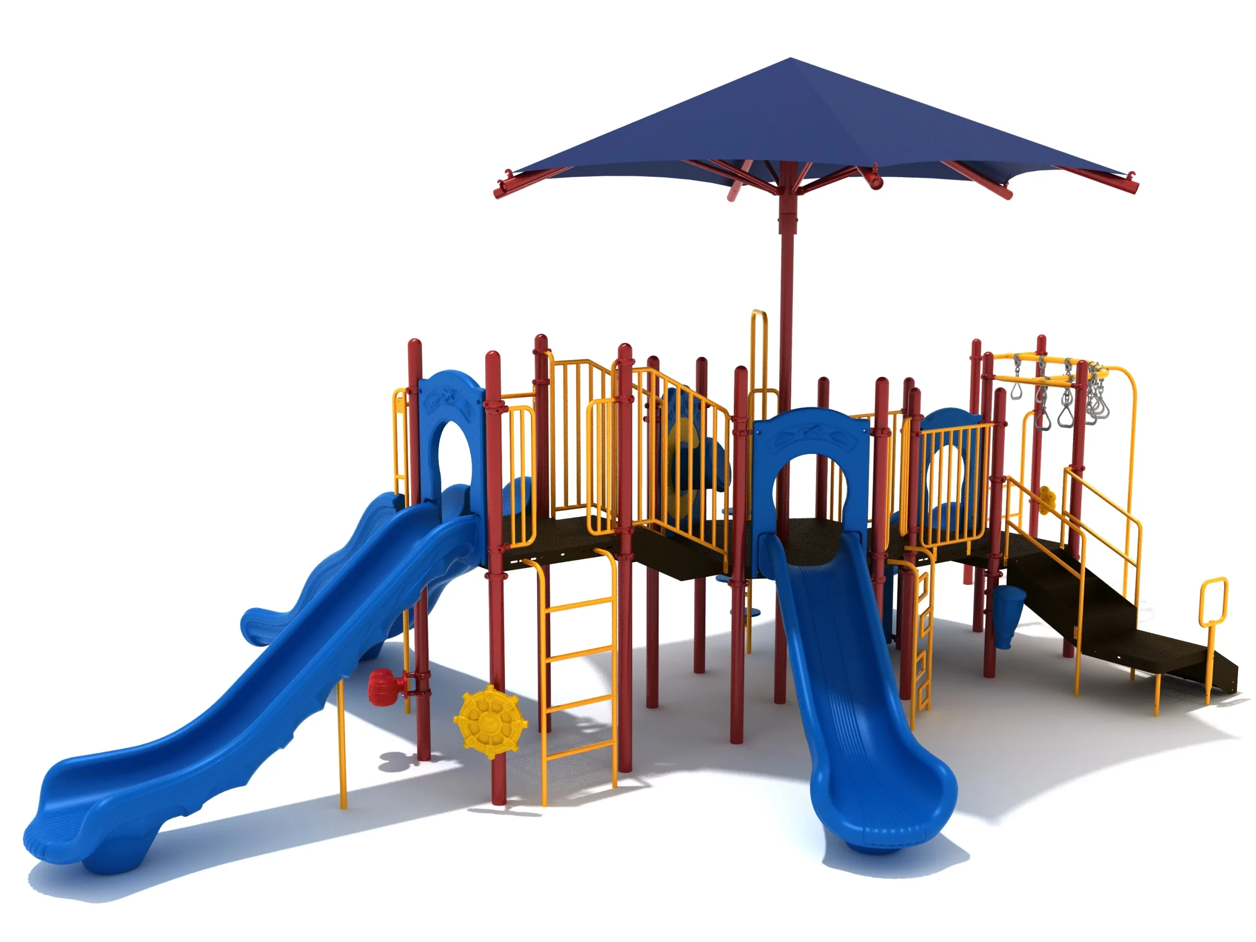 A vibrant commercial skyward shade playground system with multiple slides and an integrated shade canopy.