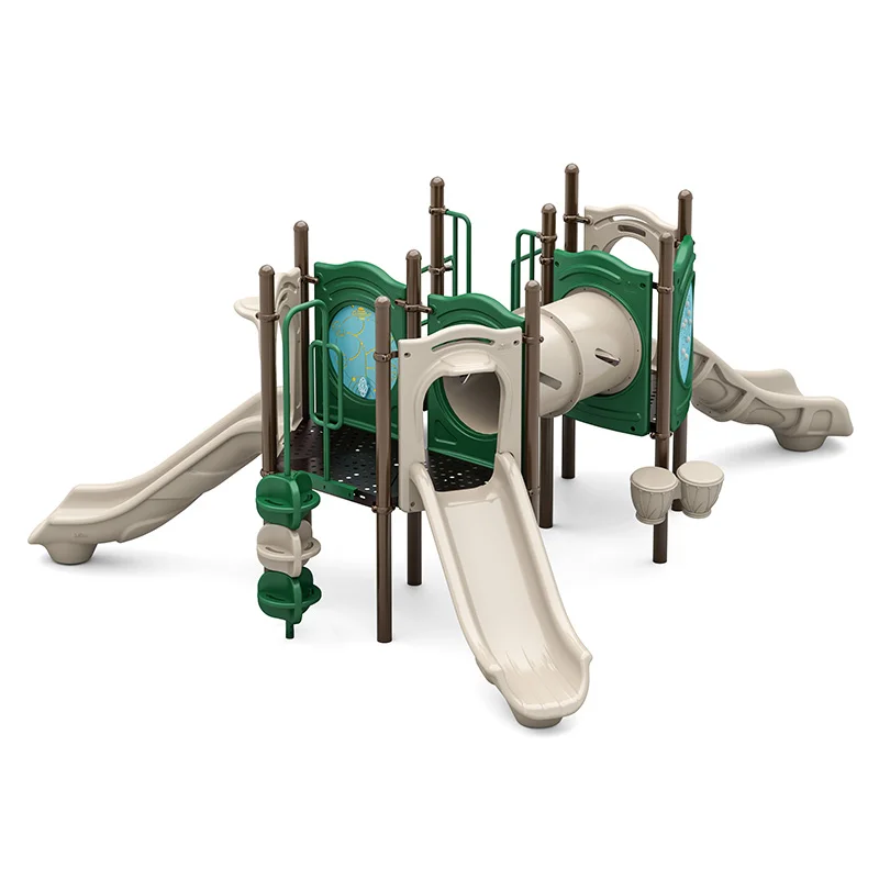 A vibrant Sunbeam Summit playground structure apartment with three slides, a crawl tunnel, and interactive panels, designed for children aged 2-5.