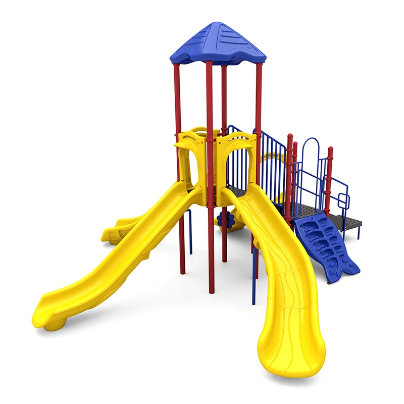 Kids playing on the colorful Triad Falls commercial playground structure with slides and climbers.