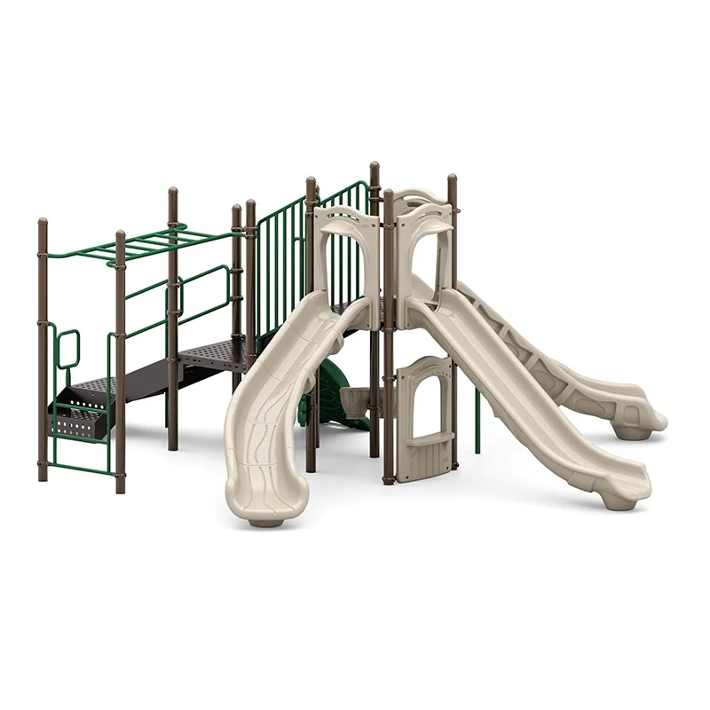 Vibrant Tritons Tripod Commercial Playground structure with multiple slides and climbing features.