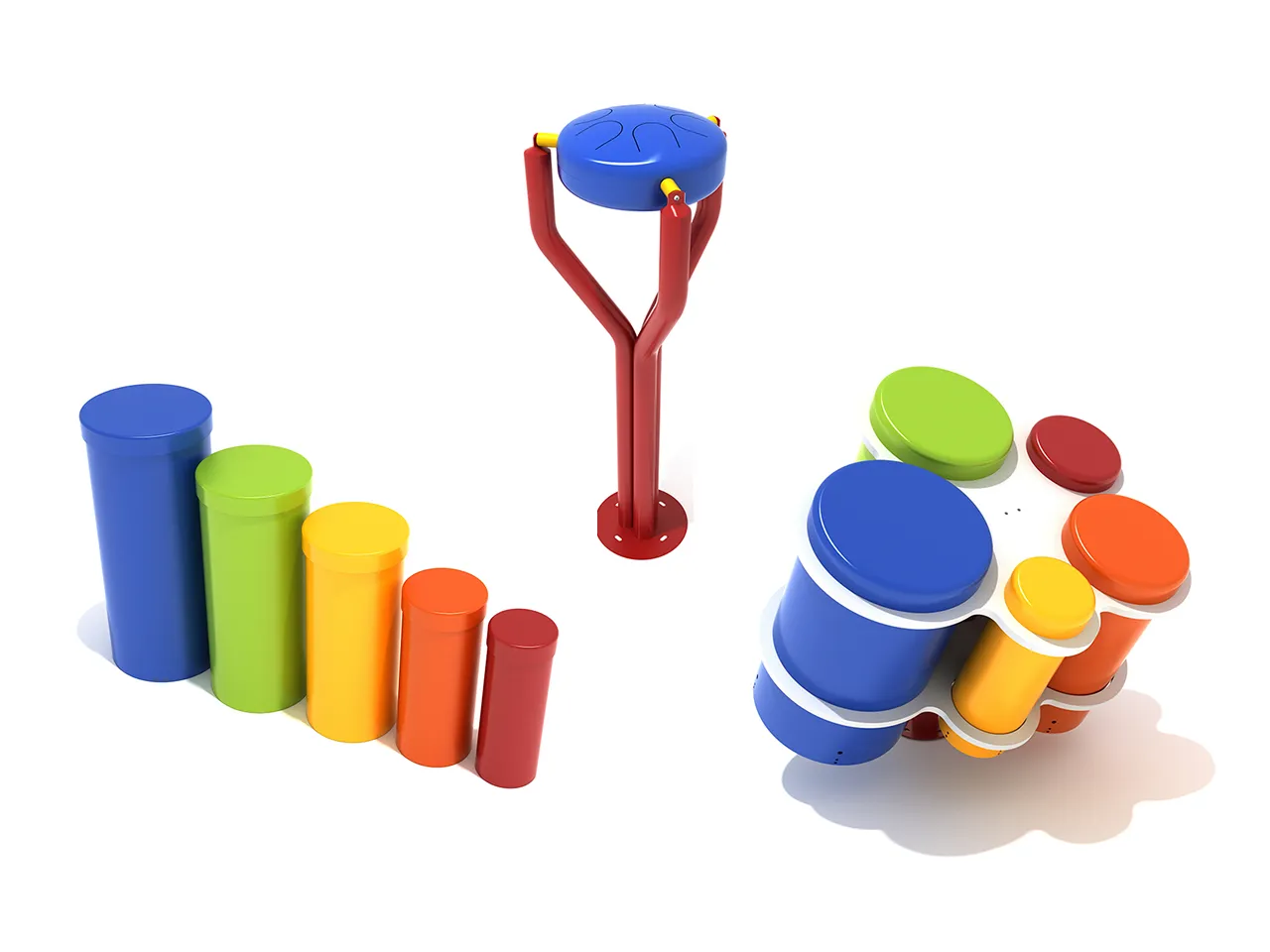 The Tunes Tones Trio outdoor musical instrument set in a vibrant playground setting.