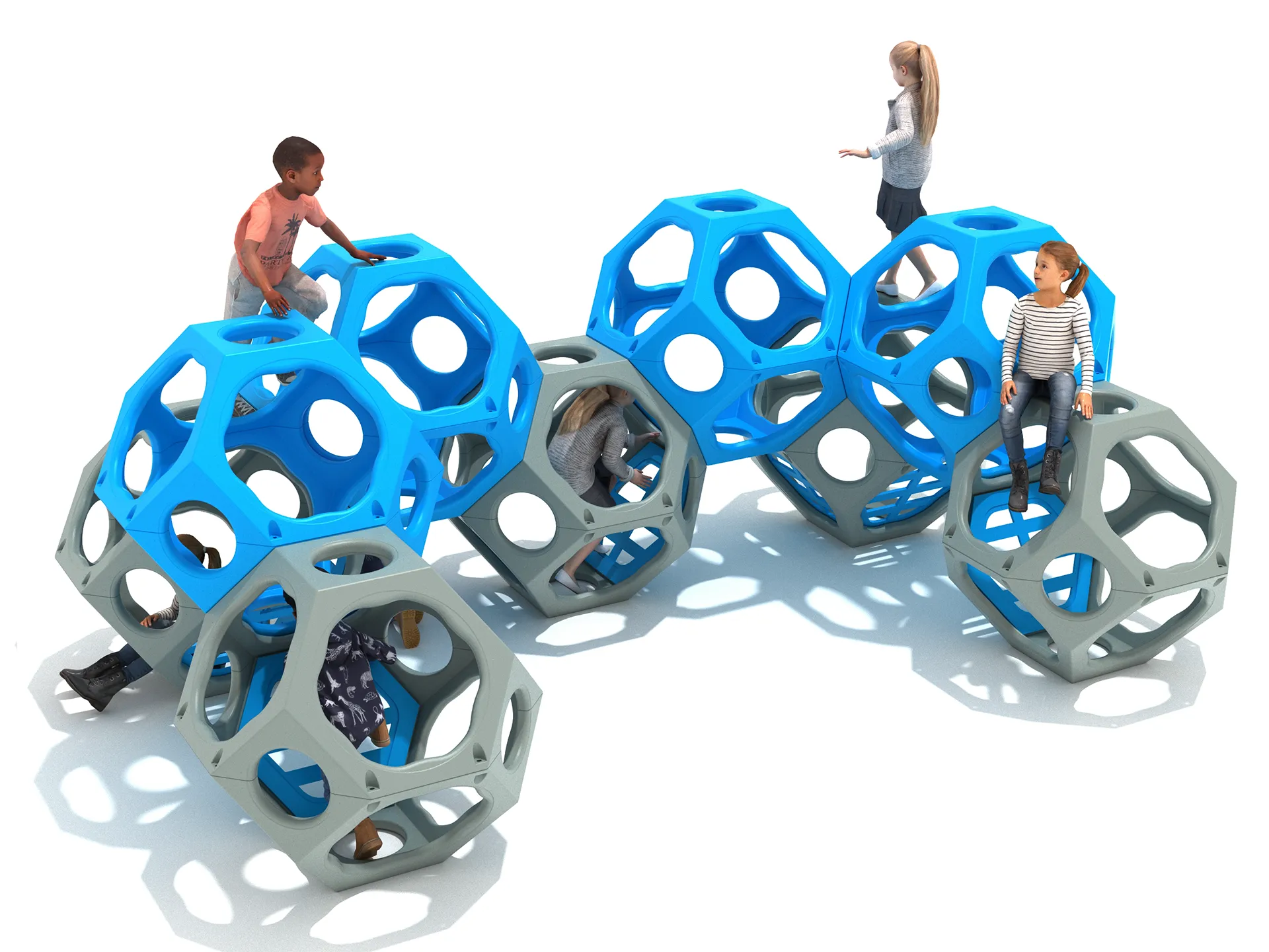 A modern blue and gray Turings Tower Playground Climber Climbing with multiple units for children aged 2-12.