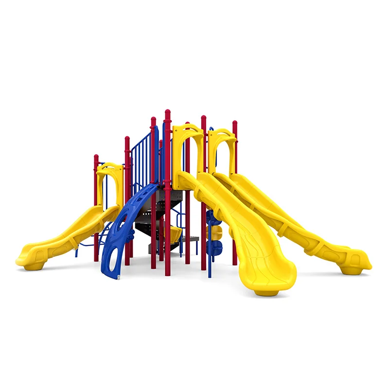 Colorful Twin Falls commercial playground structure with three slides and an arch climber