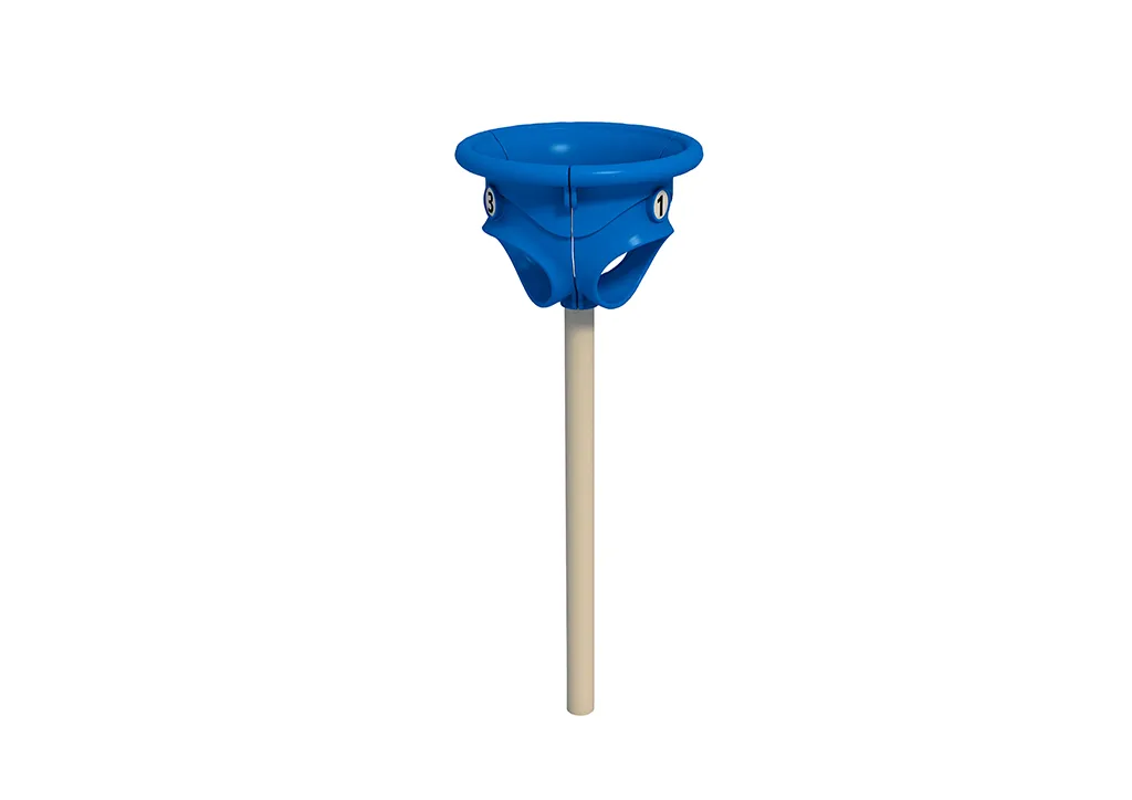 A blue Wise Toss Funnel Ball game on a playground, showing children playing and tossing a ball into the funnel.