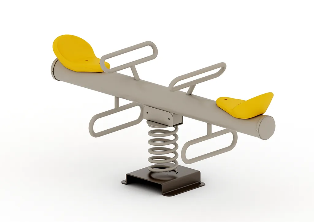 Two happy children playing on a yellow and blue wisesaw duo seesaw spring balance in a park playground.