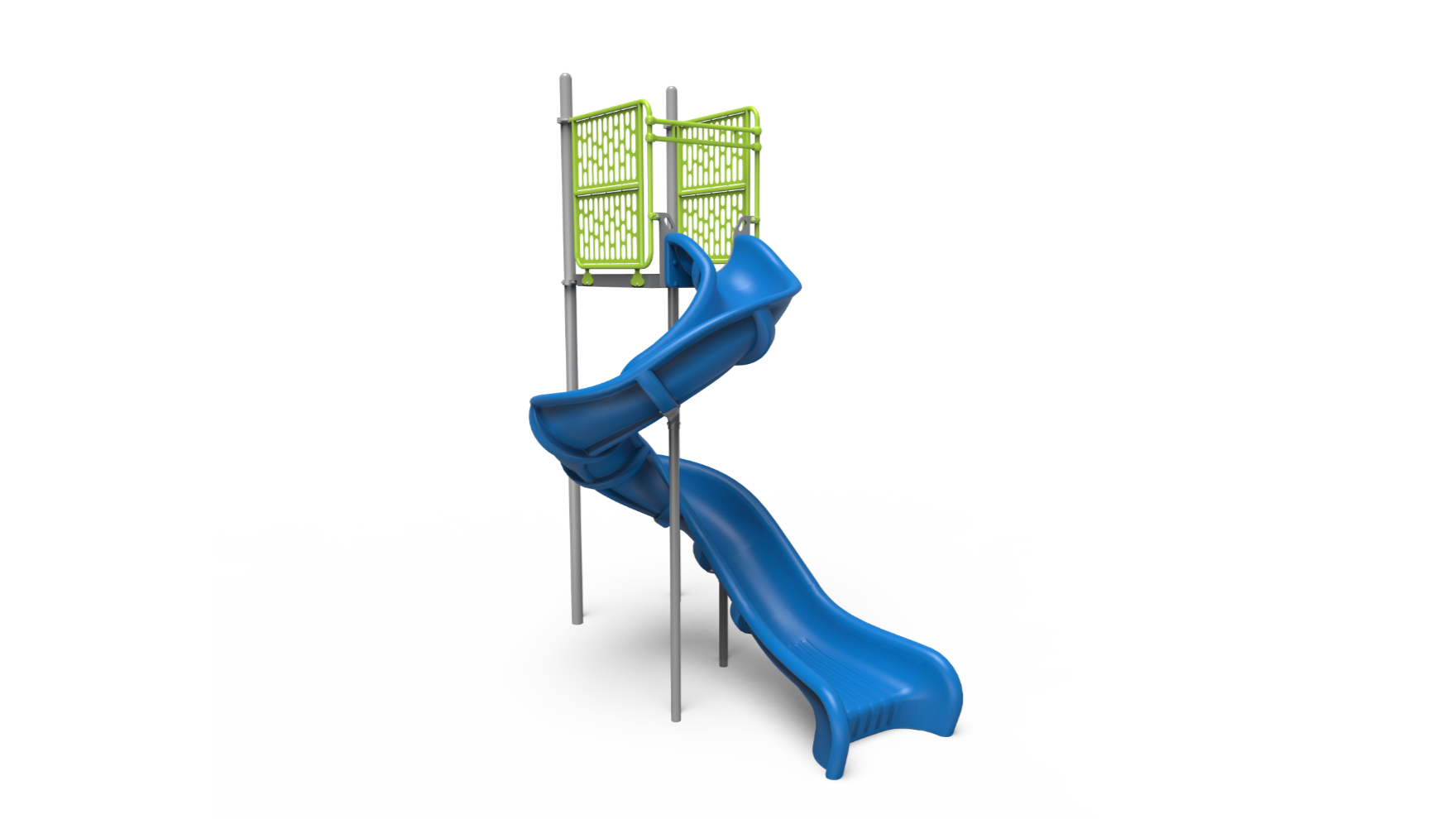 A modern, spiraling dynamic descent slide large with a balcony entrance on a playground structure.
