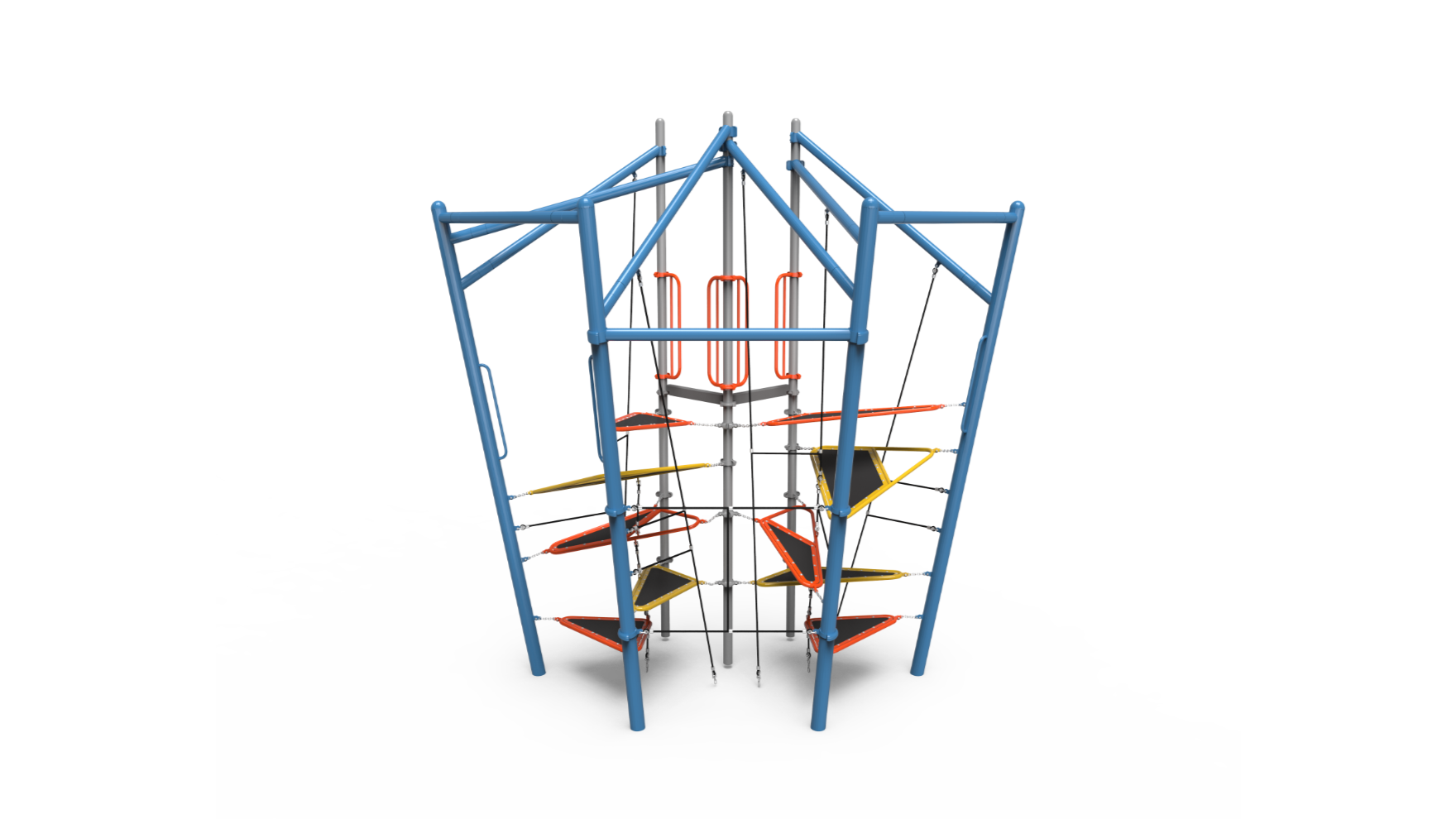 Dynamic terrace double school-age play structure with angular platforms for climbing and socializing.