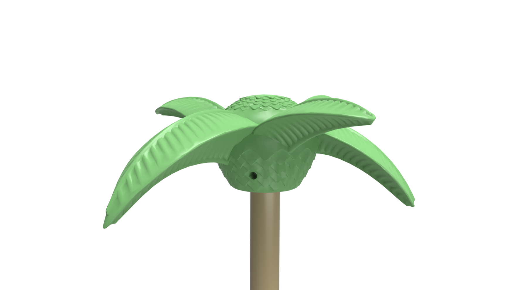A vibrant green and brown palm tree topper installed on a playground post, bringing a tropical feel.