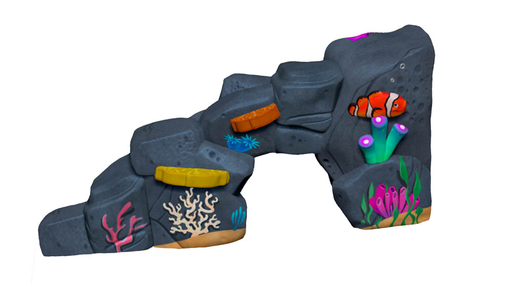 A colorful coral reef climber playground structure for children, featuring whimsical shapes and rich colors.