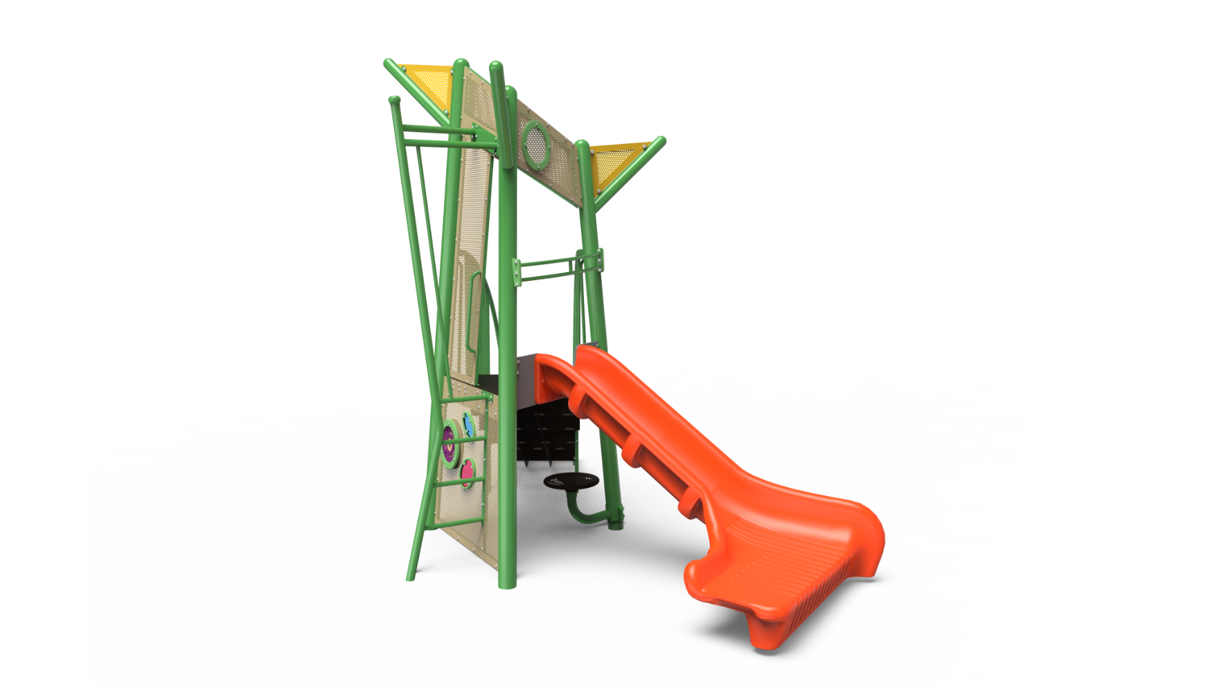 A colorful Gateway w Dynamic Descent freestanding playground with a dynamic slide entrance and a side-a-side exit for children.