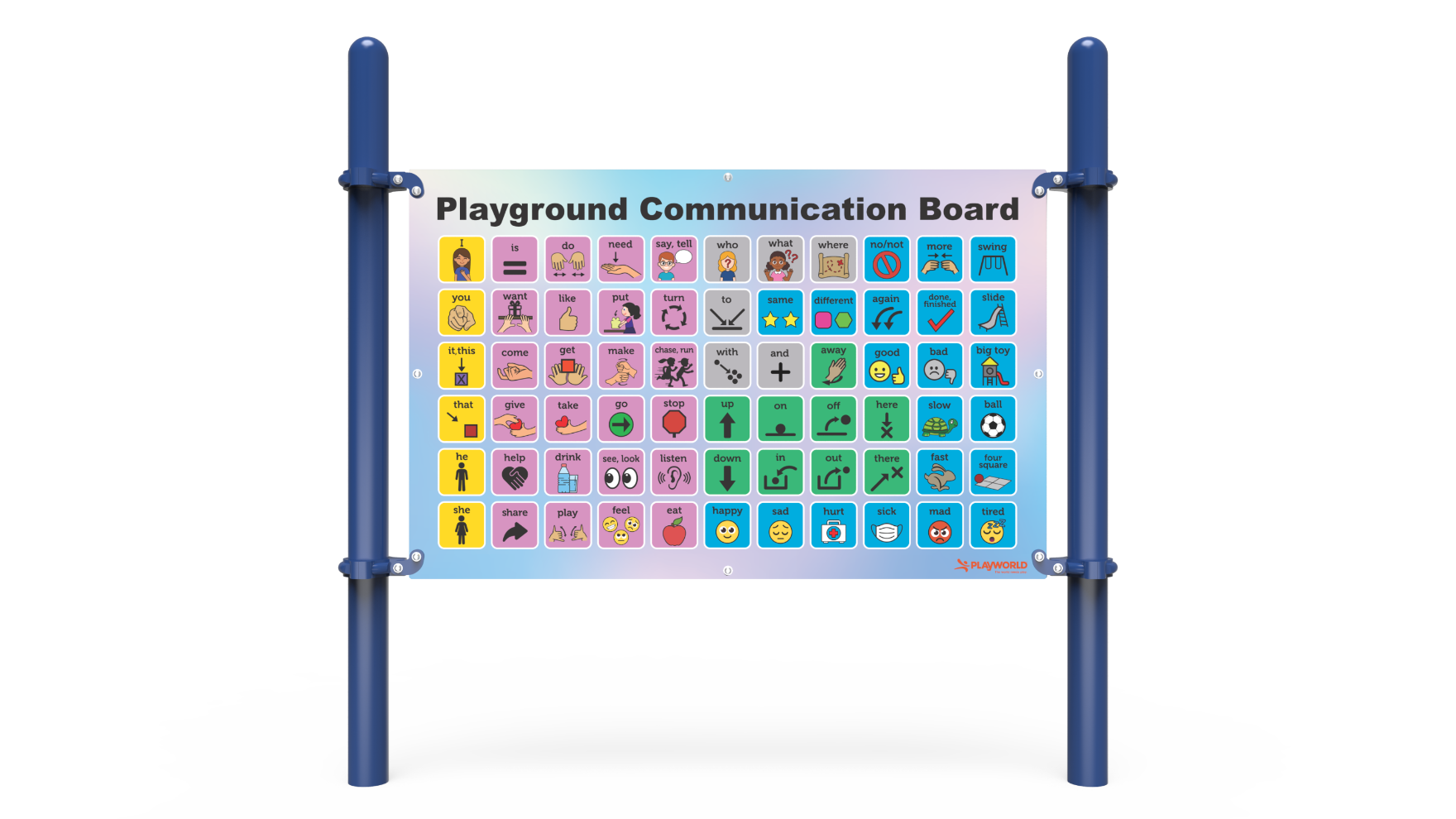 communication board single early – A bright blue communication board single with images and words for inclusive playground communication.