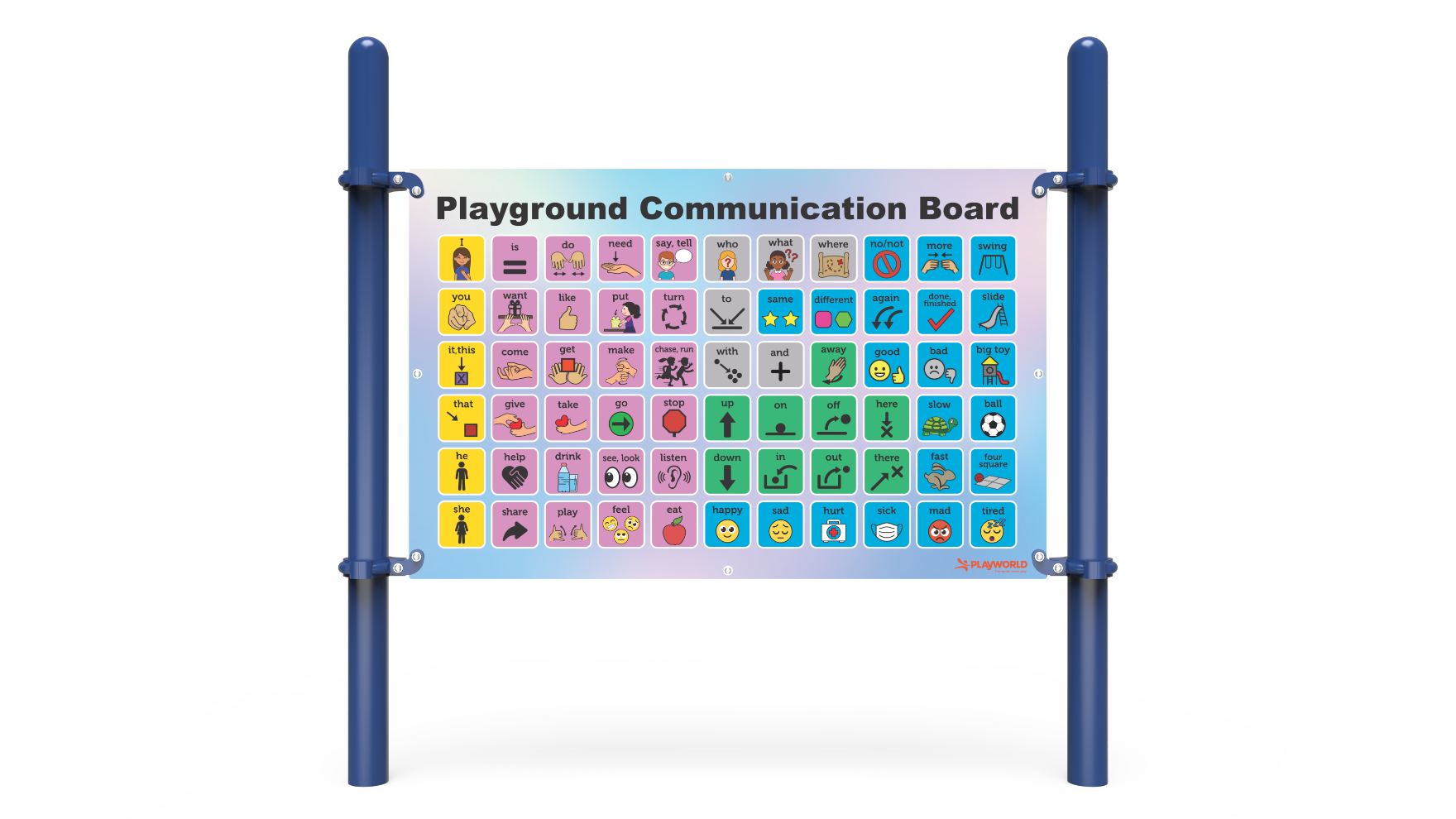 A double-sided communication board with images and words for inclusive play, showing the communication board double early in a playground setting.