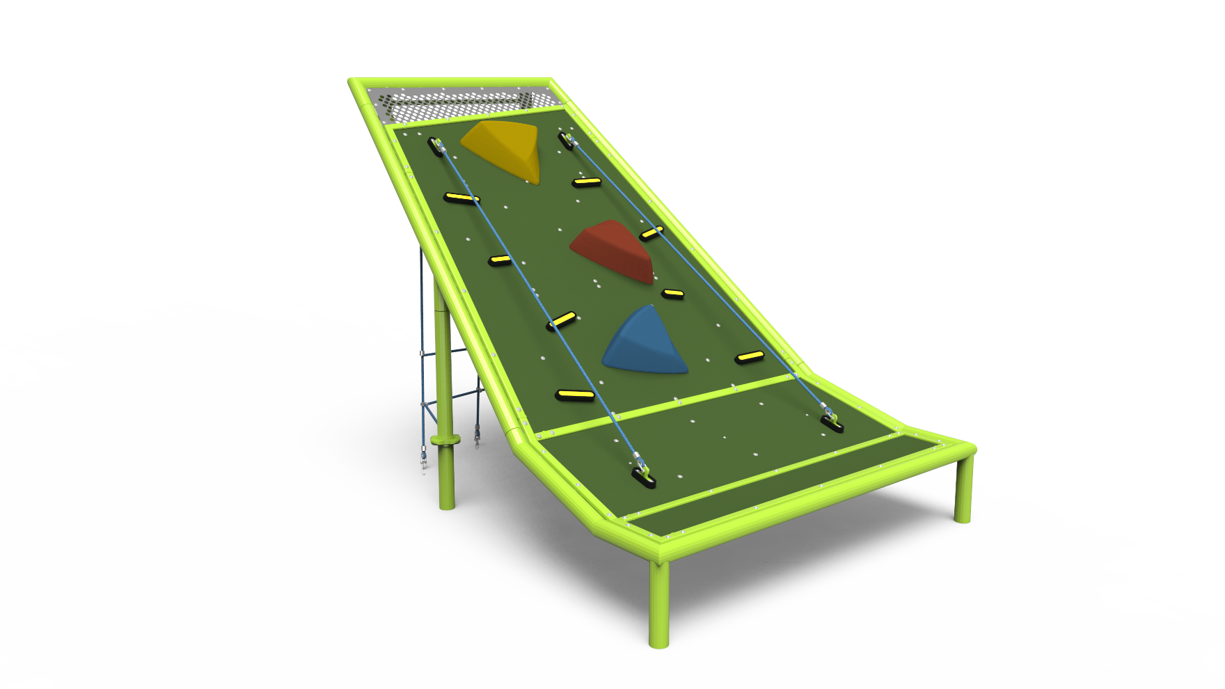 Children climbing the Alpine Trail playground structure with ropes and handholds.