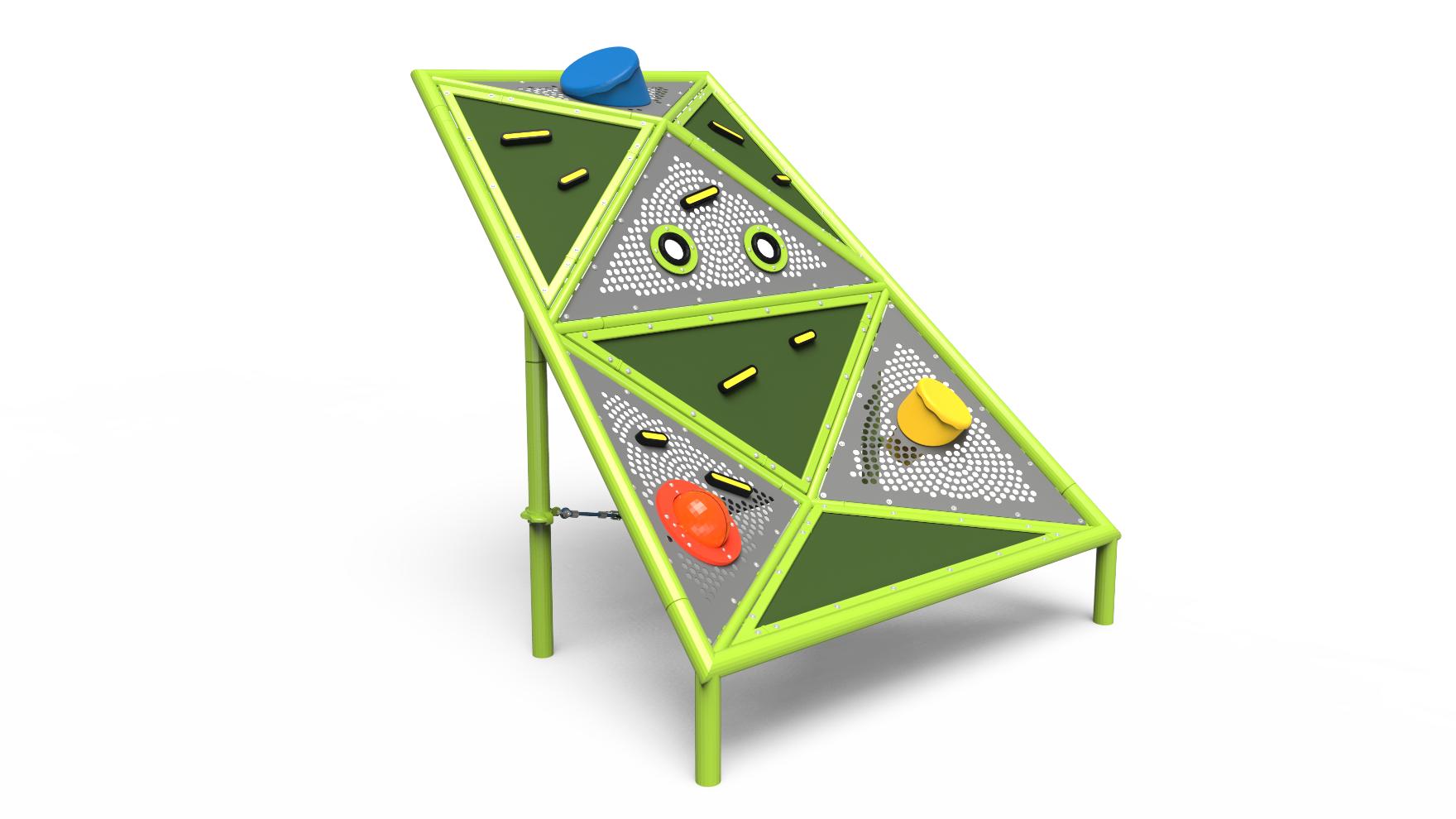 The Tempo Trail school-age playground climber with sensory drums and climbing holds.