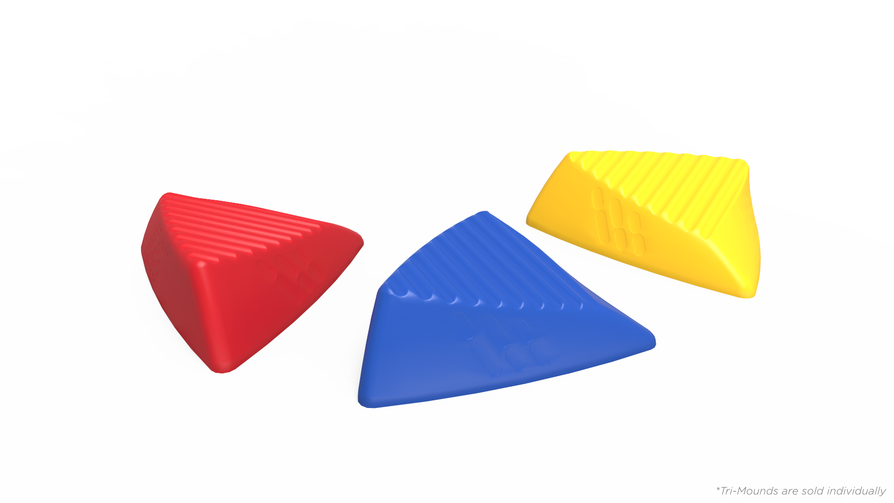 A set of colorful tri-mound stepper units for kids to climb and balance on.