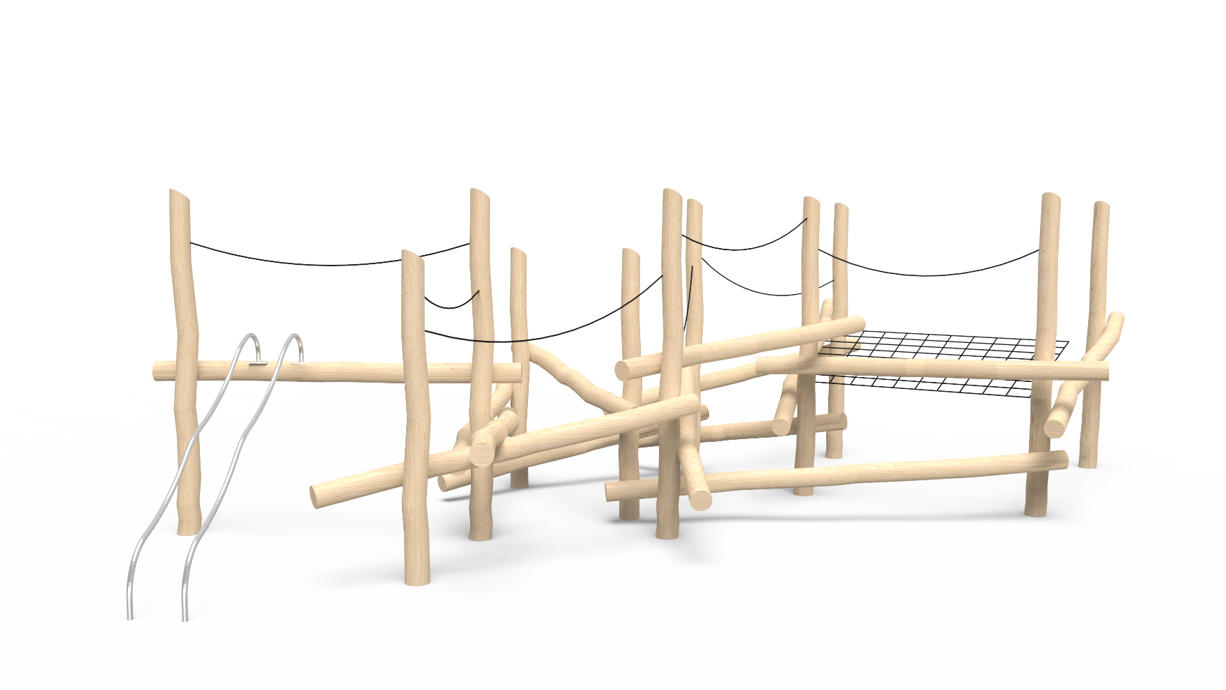 Durango Timber Stacks natural wood playground structure for school-age children, featuring logs, ropes, and nets.