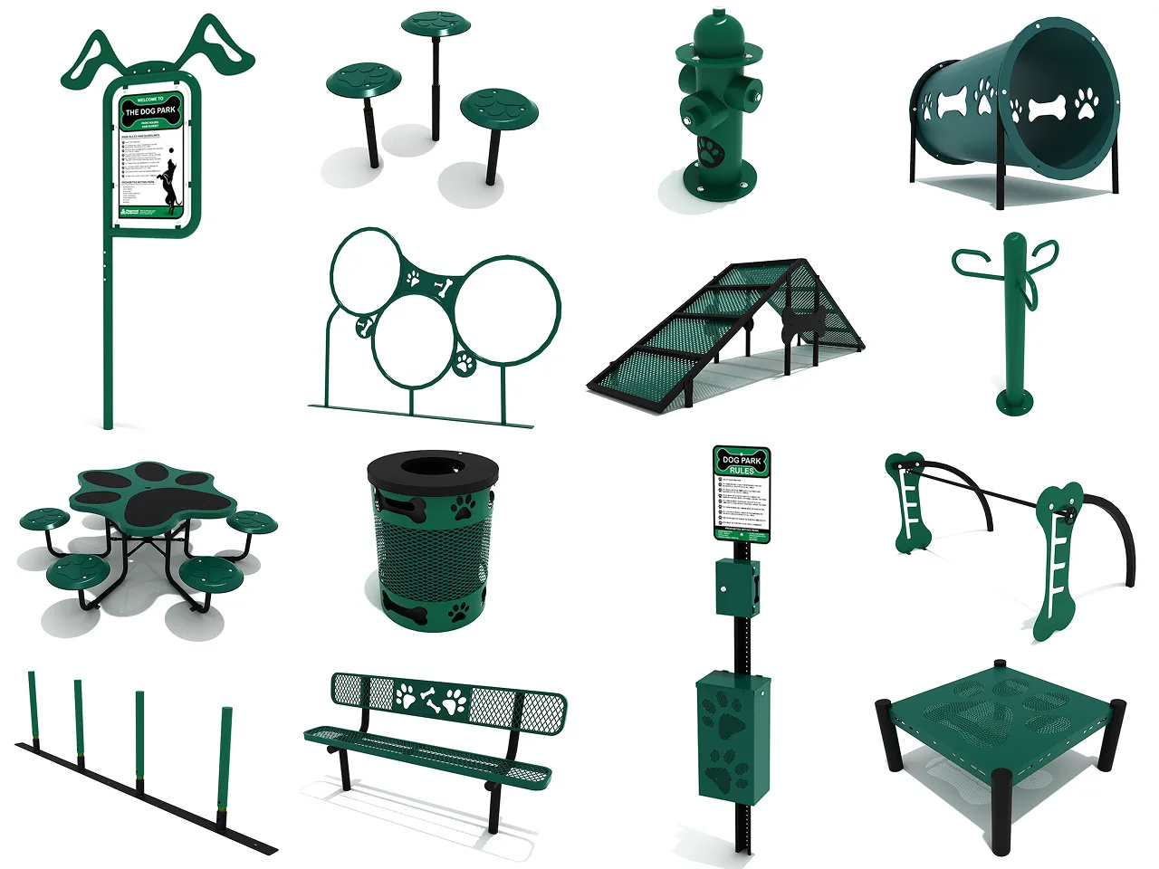 A complete wagging tails bundle all-in-one dog park setup with agility equipment, benches, and a waste station.