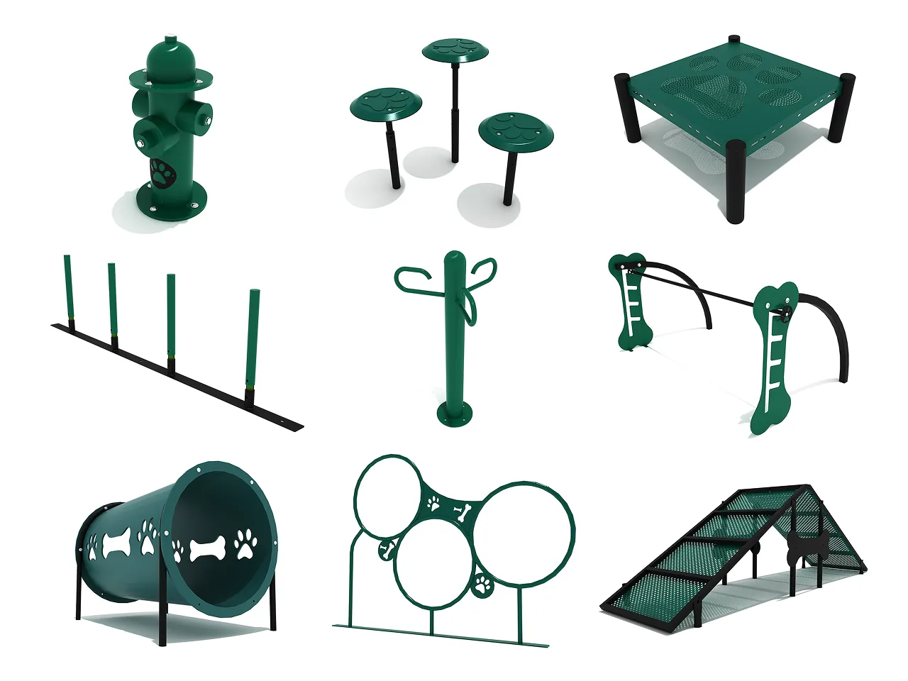 A vibrant outdoor dog park featuring the barking benefits bundle 9-piece dog agility equipment set with dogs playing.