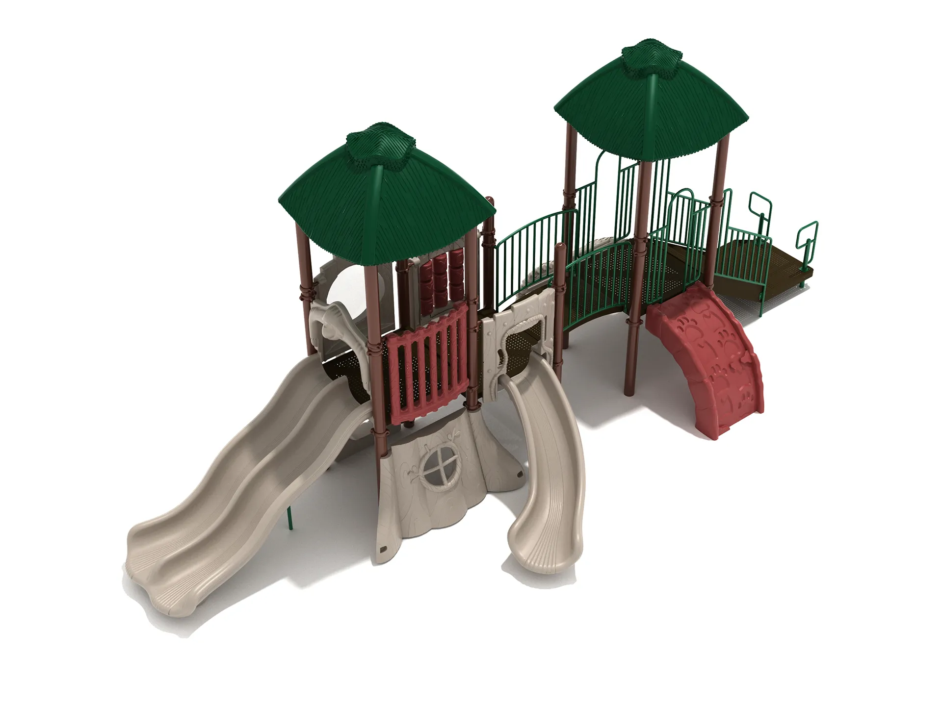 A vibrant Burrowing Badger commercial playground structure with slides, climbers, and activity panels set in a natural outdoor environment.