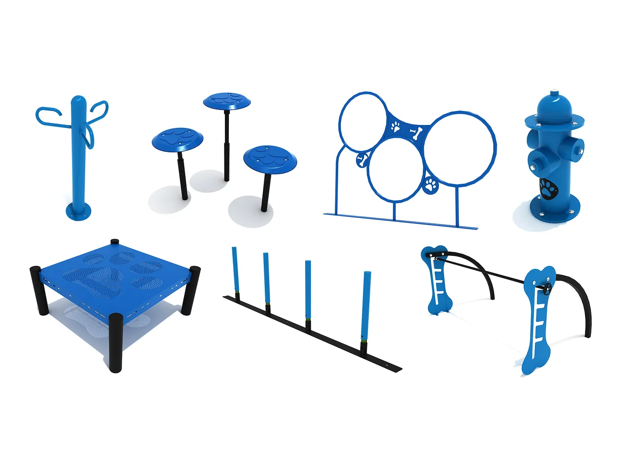 A vibrant outdoor dog park featuring the canine comforts bundle 7-piece agility and enrichment equipment.