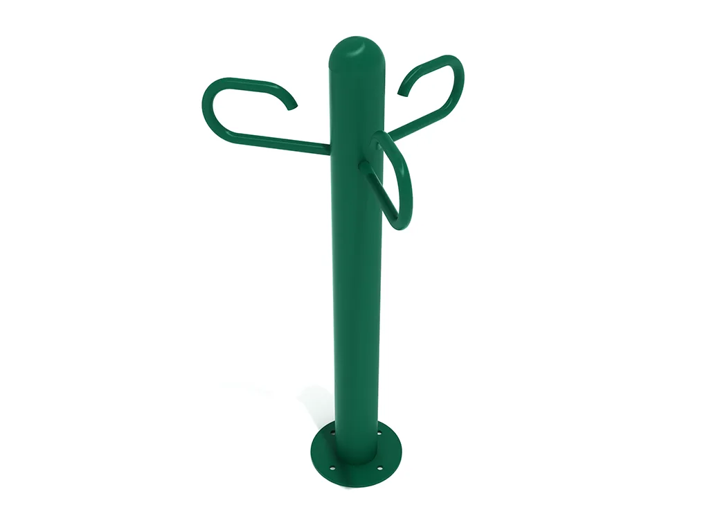 A commercial dog park leash holder with multiple arms, designed for convenient storage in a dog park setting.