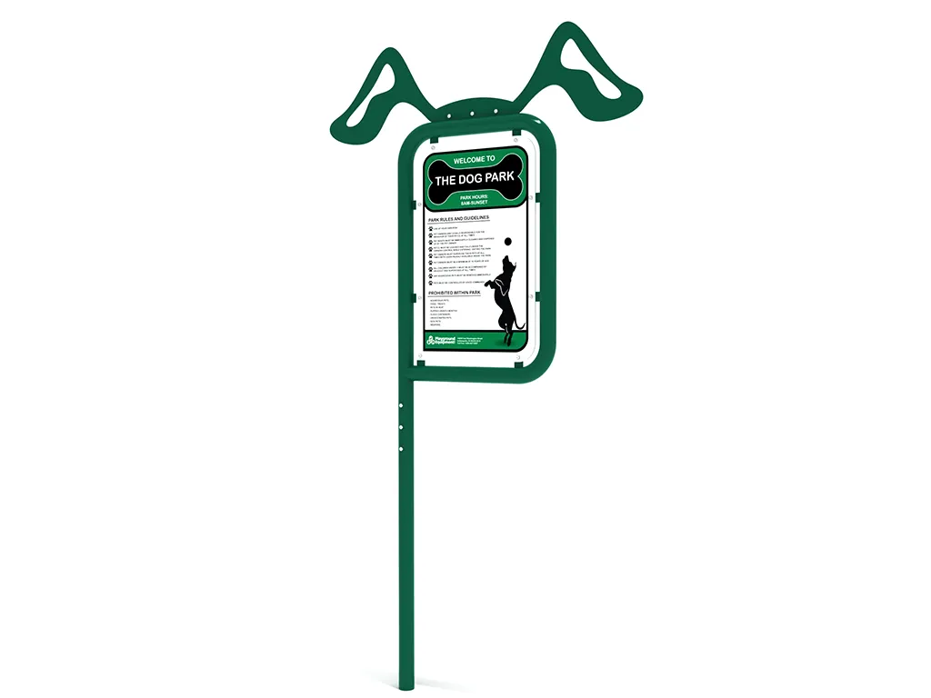 A commercial dog park sign dog with a playful dog ear frame, displaying rules for a safe and clean pet park.