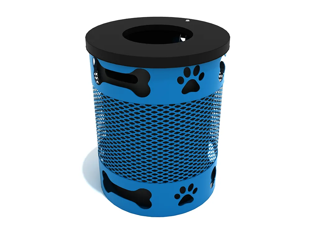 A vibrant green dog park trash receptacle commercial unit with paw and bone cutouts, placed in a clean outdoor dog park setting.