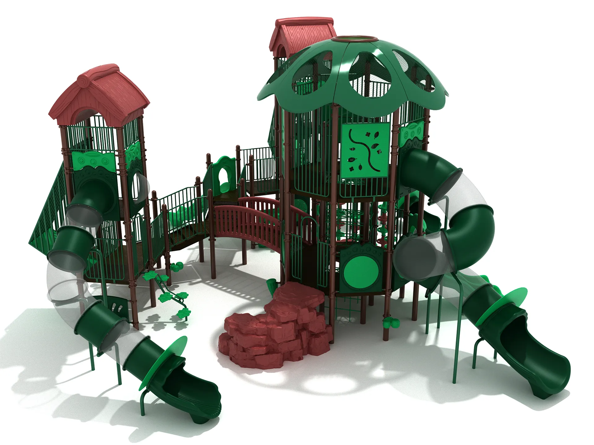 A vibrant, multi-level hanging garden heights commercial adventure playground system with slides, climbers, and sensory panels, set in a green outdoor space.