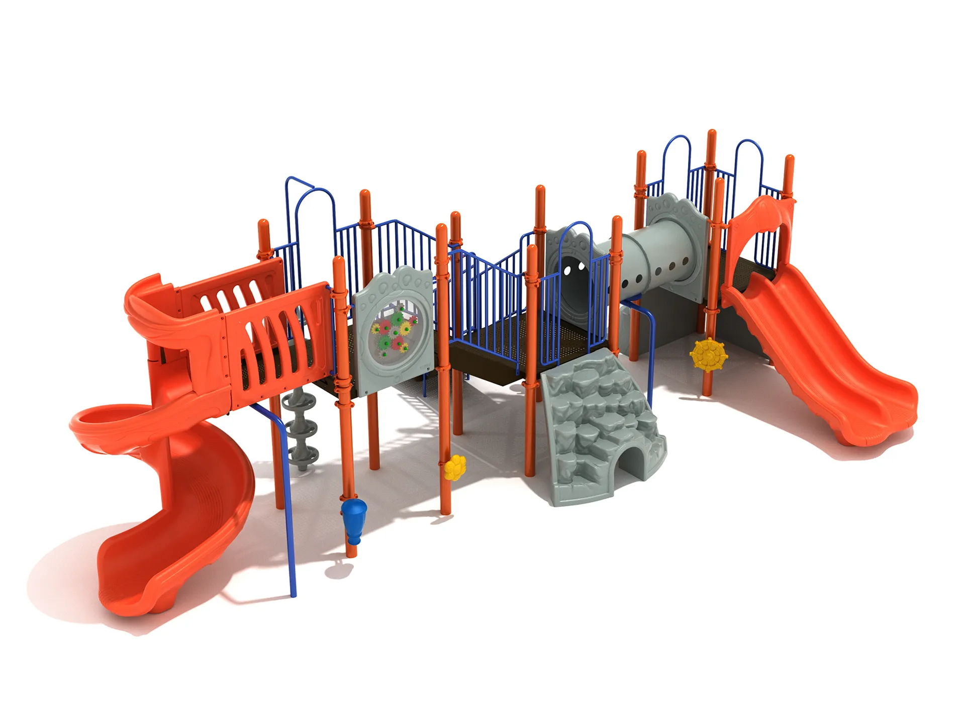 The Hillandale commercial playground system apartment features multiple slides, climbing structures, and interactive panels for children's fun.