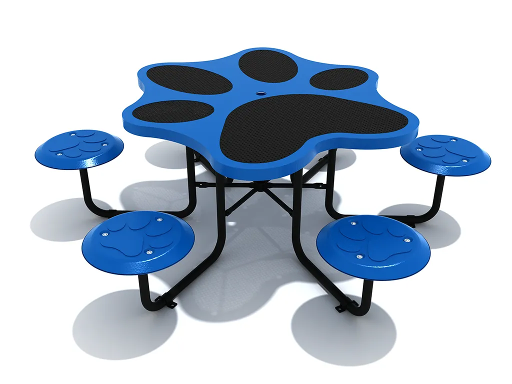 A vibrant yellow paw print table dog with four integrated seats in a dog park setting.