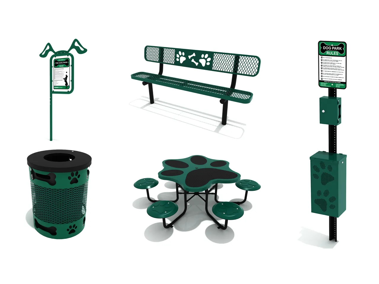 A complete pawsome amenities bundle 5-piece set for a dog park, showing a bench, waste station, sign, table, and trash receptacle.