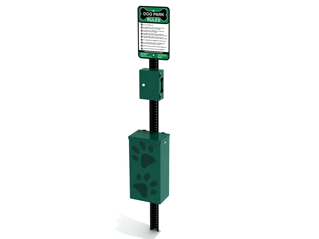 A green all-in-one pet waste station dog commercial unit with a dispenser, bin, and sign in a park setting.