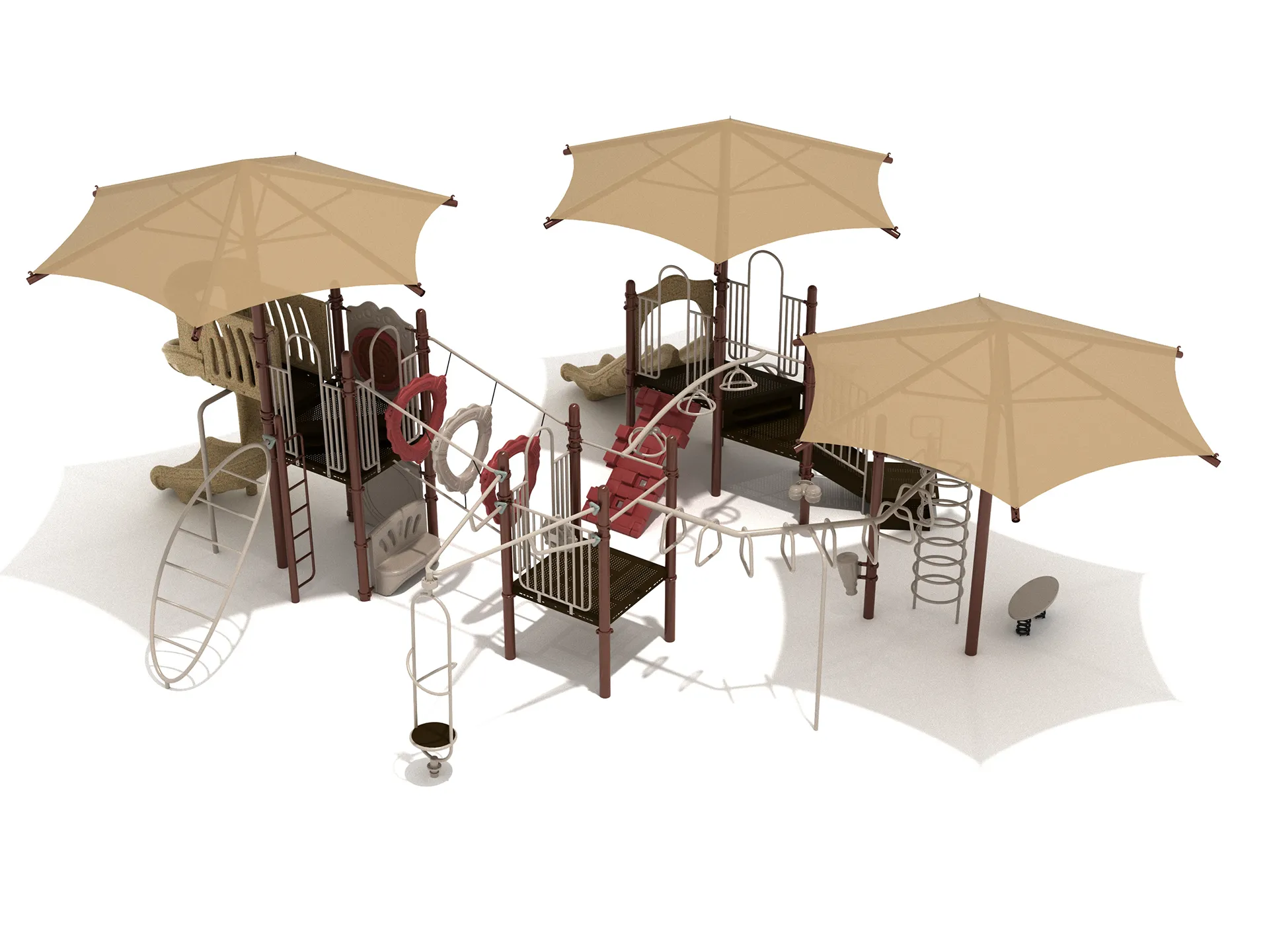 Kids playing on a colorful Pomander Walk commercial playground system with slides, climbers, and three hexagonal shade structures.