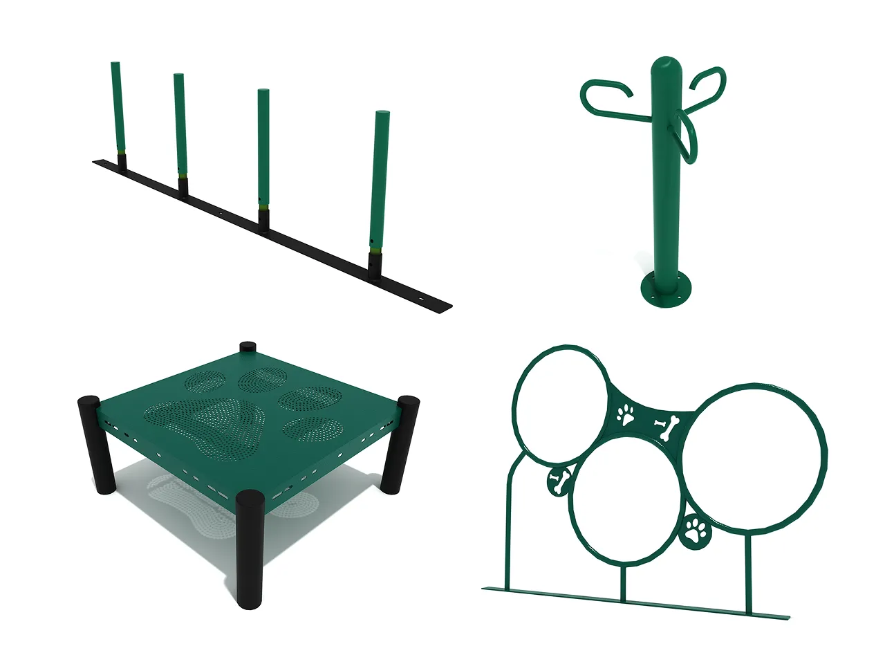 Image of the pup perks bundle 4-piece dog play equipment, showing leash holder, hoop rings, grooming deck, and weave posts in a park setting.