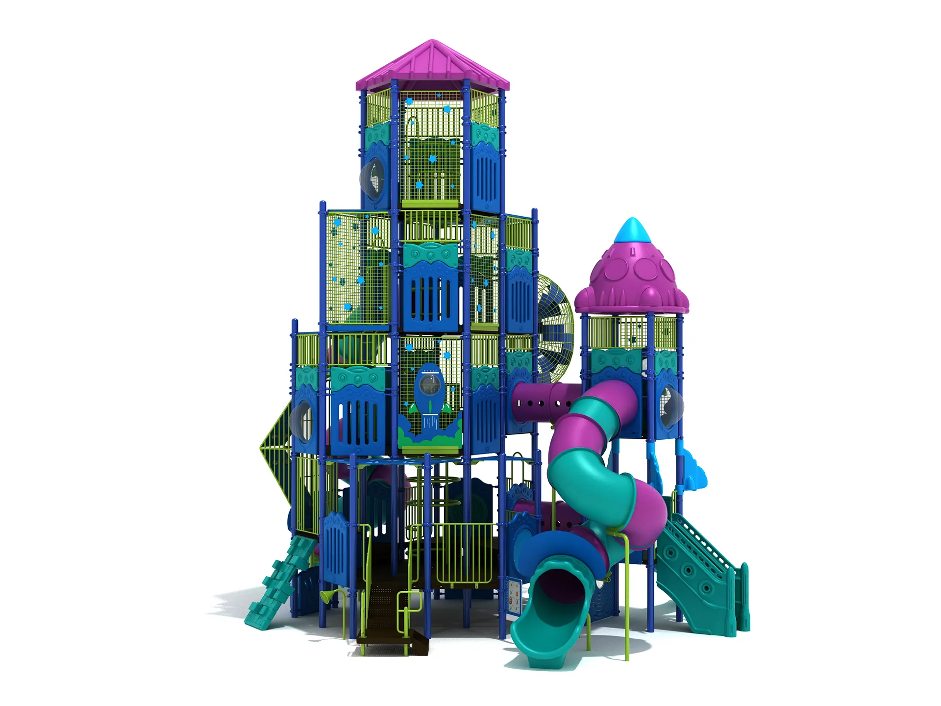 A large, multi-level Space Needle Navigator commercial playground structure with blue and yellow slides and towers.
