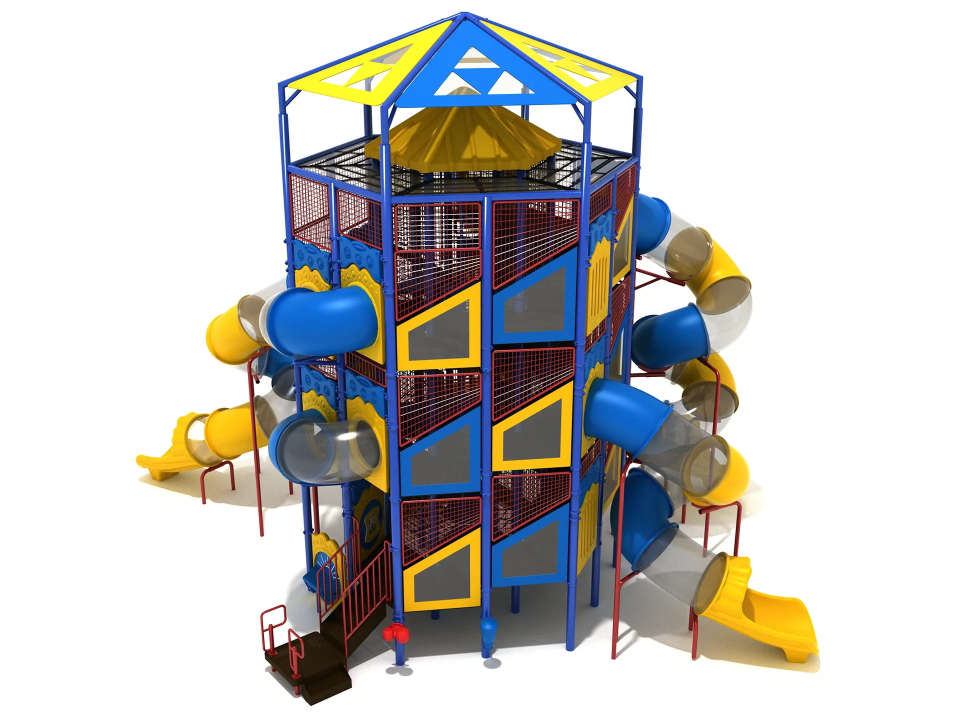A vibrant multi-story Tokyo Tower of Play apartment playground structure with spiral slides and climbing nets.