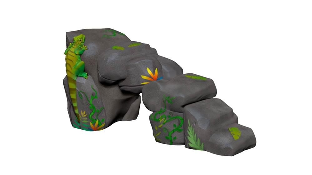 Brightly colored jungle rock tunnel climber for playground, showing kids climbing through.